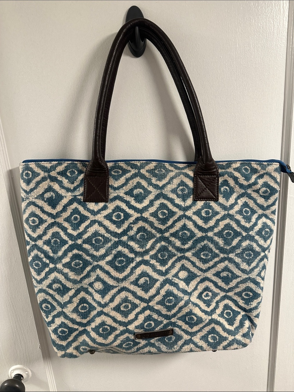 Le Papillon Indigo Patterned Tote with Dark Brown Handles